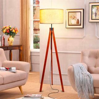 Beige Fabric Wood Classic Tripod Floor Lamp