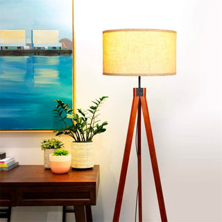 Beige Fabric Wood Classic Tripod Floor Lamp